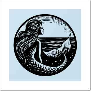 Woodcut Mermaid Posters and Art